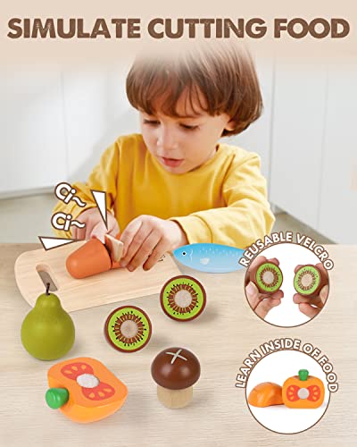 Wooden Play Food Sets for Kids Kitchen, Food Toys for Toddlers 3+ Year Old, with Shopping Bag, Pretend Food Play Kitchen Cutting Fruits Vegetables Toys, Gift for Boys Girls Educational Toys Lehoo Castle