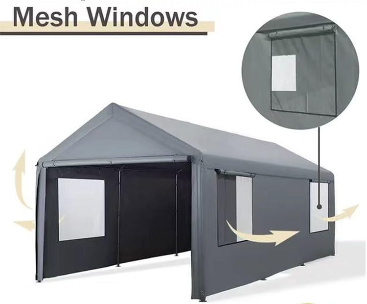 GarveeLife Carport 10x20ft Heavy Duty Carport with Roll-up Windows, Car Canopy Portable Garage with Removable Sidewalls & Doors, Car Canopy with All-Season Tarp for Car Boat Truck Motorcycle, Grey GarveeLife