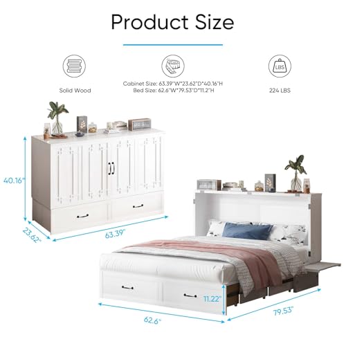 Mjkone Queen Murphy Bed, Modern Cabinet Bed with Tri-Folding Mattress & USB Charging Station, Space-Saving Adult Guest Beds with 2 Drawers & Side Storage Board for Bedroom/Living Room (White)