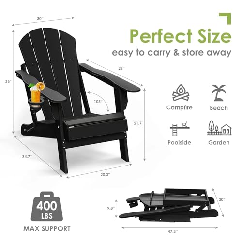 GREENVINES Folding-Adirondack-Chairs-Set-of-2 | HDPE Plastic | Fire Pit Chair | All Weather | Cup Holder | Black | for Deck Backyard Patio Outdoor Garden GREENVINES