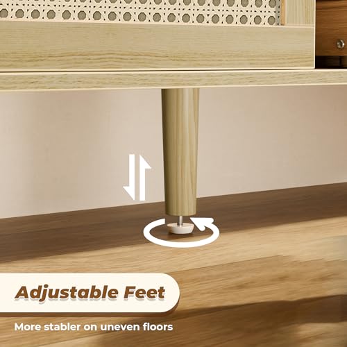 SUPERJARE Boho TV Stand for 55 Inch TV, Entertainment Center with Adjustable Shelf, Rattan TV Console with 2 Cabinets, Media Console, Solid Wood Feet, 4 Cord Holes, for Living Room - Natural SUPERJARE