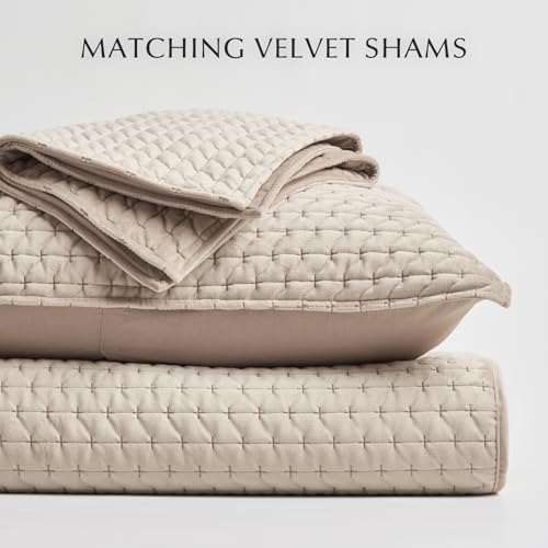 EVERGRACE Luxury Velvet Quilt Set King Size 3 Piece, Soft Cross-Stitch Velvet Comforter Set with Pillow Shams, Lightweight Coverlet Bedspread Bedding Set for All Seasons, Light Taupe EVERGRACEHOME