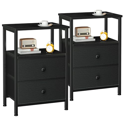 LOAKEKEL Night Stand Set 2, Bed Side Table with 2 Fabric Drawers, Nightstand with Open Storage Shelf for Bedroom, Small End Tables Living Room, Black, HETS002BK LOAKEKEL