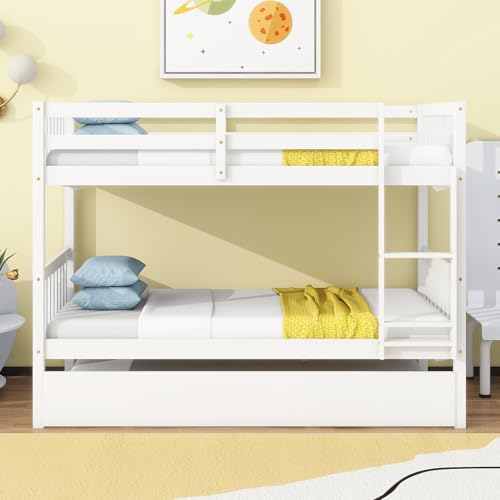 Twin Over Twin Bunk Bed with Trundle, Convertible into Two Twin Platform Beds, Wood Bed Frame with Ladder & Safety Guardrails, Space-Saving Design for Kids & Guests, No Box Spring Needed (White) XEPAMU