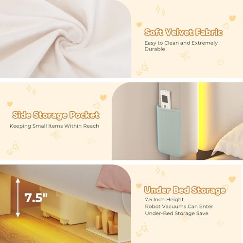 MapleGrace Twin Upholstered Bed Frame with Curved Headboard, Floating Bed Frame with LED Lights and Charging Station, Soft Rounded Corners, No Box Spring Needed, Easy Assembly, White MapleGrace