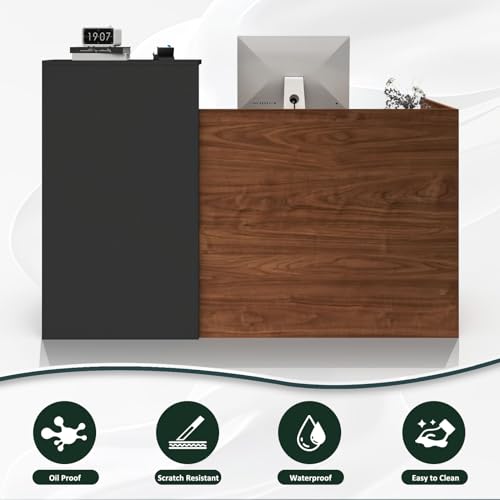 YTElantivo 63″ L-Shaped Reception Desk with Counter – Modern Office Front Desk for Salon, Clinic & Retail, Spacious Workstation, Easy Assembly, Black-Brown Receptionist Desk YTElantivo
