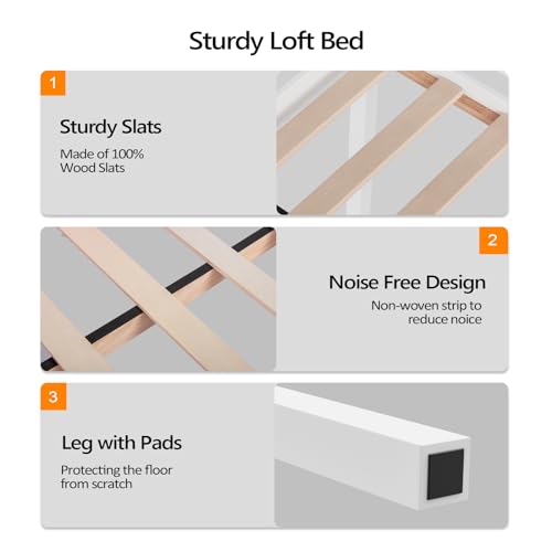 VINGLI Junior Low Loft Bed with Stairs, White Wood Loft Bed Full Size for Adults, Kids and Young Teens, No Box Spring Required,Wood Slat Support VINGLI