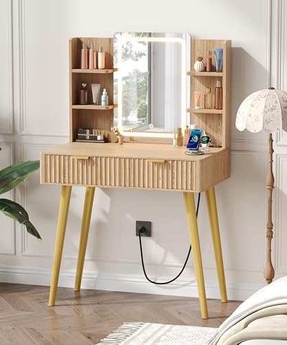 Zeibospri 29.5" Small Makeup Vanity with Adjustable Light Mirror, Fluted Vanity Table with 2 Drawer & 4 Open Storage Shelf, 3 Light Modes and Brightness, for Woman and Girls, Bedroom,Natural Oak Zeibospri
