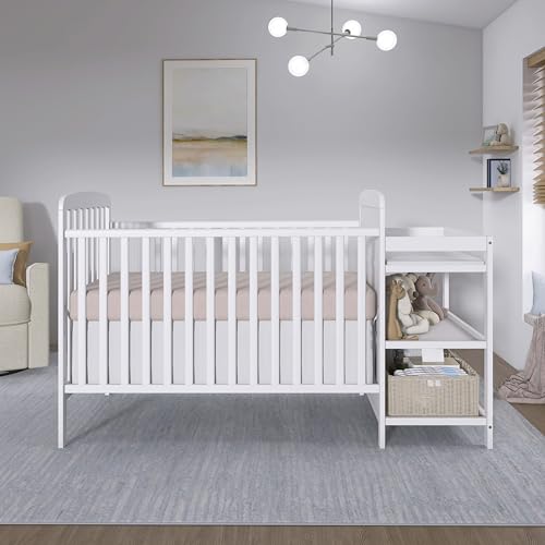 Dream On Me Anna 3-in-1 Convertible Full-Size Baby Crib & Changer with Storage in White, GreenGuard Gold & JPMA, Pinewood, Converts to Day & Toddler Bed, 3 Mattress Heights, 1″ Changing Pad