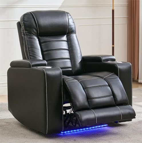 Power Recliner with Zero Gravity,Adjustable Headrest,Wireless Charger,LED Light Faux Leather Electric Reclining Chair Home Theater Seating USB Type-C Port,Cup Holder,Tray Table,Extended Footrest Black