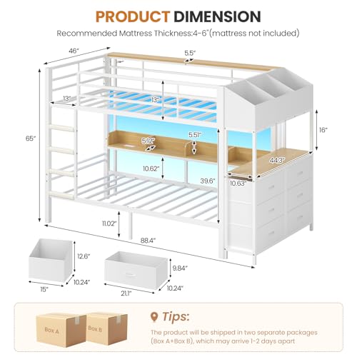 DICTAC Twin Over Twin Bunk Bed with 6 Storage Drawers,Led Lights and Charging Station Metal Bunk Beds with Side Bookcase,3 Storage Boxes &Shelf,L-Shaped bunk Bed with Safety Guardrail and Ladder,White DICTAC