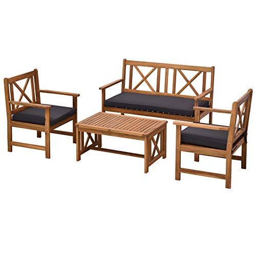 Outsunny 4 Piece Acacia Wood Outdoor Patio Furniture Set with 2 Armchairs, 1 Sofa, & 1 Coffee Table, Cushions Included Outsunny