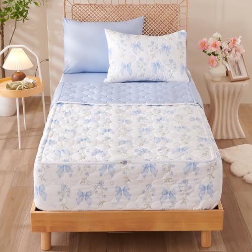 Jolusere Zipper Bedding Full Blue Bow Comforter Zipper Bedding Set for Kids Girls,Cute Princess Bowknot Coquette Floral Design, All in one Zipper Bedding(Blue,Full) Jolusere