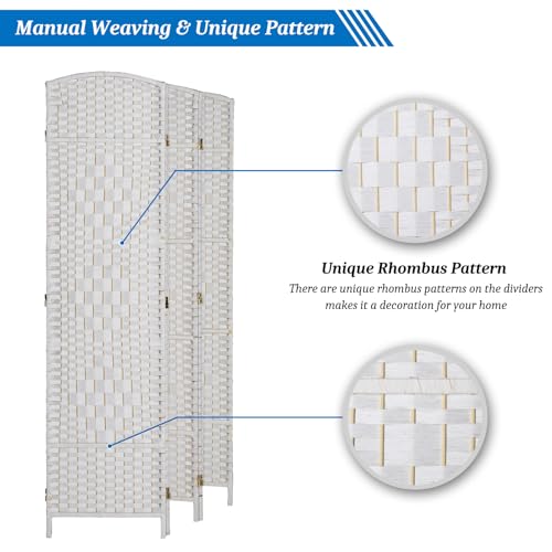 VINGLI 6-Panels Tall Rattan Room Divider, 6 FT Folding Privacy Screen, Indoor Partition Wall Dividers, Freestanding Hinged Space Separator (White) VINGLI