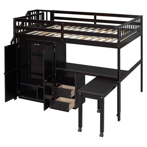 Ball & Cast Loft Bed Full Size with Storage Stairs and Bookshelf,Space-Saving Multifunctional Furniture Bed Frame w/Desk & Wardrobe,for Apartment,Bedroom,Espresso Ball & Cast