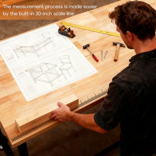 Betterhood 48"/60" Heavy-Duty Adjustable Workbench for Garage, Rubber Wood Shop Table,Hardwood Workstation Weight Capacity Over 1500 Lbs (Rubber Pad/Power Outlets/Ruler/63 x21.7 x35.8) Betterhood