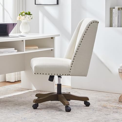 Zihanhome Armless Upholstered Office Chair with Wooden Legs, Modern Criss Cross Adjustable Home Office Desk Chair No Arms Sewing Chair Swivel Chair for Women Farmhouse Study Studio (Beige) Zihanhome