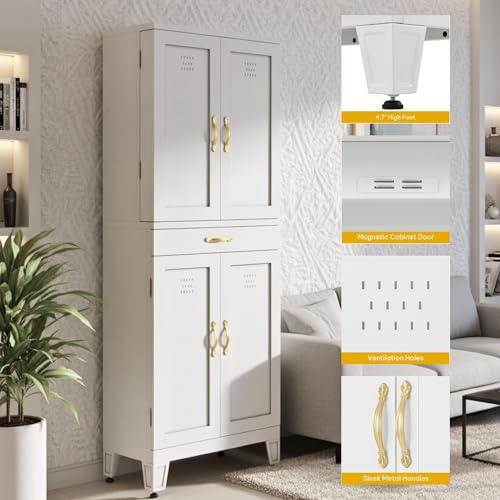 DWVO Metal Storage Cabinet, 71" Kitchen Pantry Cabinet with 4 Door & 4 Adjustable Shelves & Drawer & Door Rack, 6-Tier Tall White Steel Cabinets for Kitchen, Living Room, Dining Room DWVO