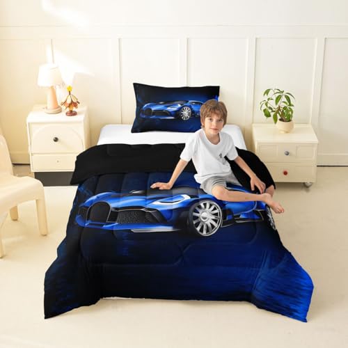 Feelyou Sports Car Comforter Blue Race Car Comforter Set for Kids Boys Girls Extreme Sports Theme Bedding Set Cool Speed Luxury Car Decor Quilt Set with 1 Pillowcase 2Pcs Bedding Twin Feelyou
