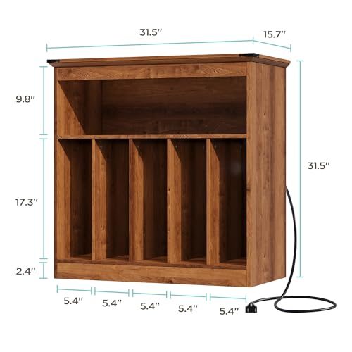 MHOM Farmhouse Large Record Player Stand with Power Outlets & LED Lights, Vinyl Record Stand hold up to 150 Albums, Turntable Stand for Living Room, Bedroom, Brown MHOM