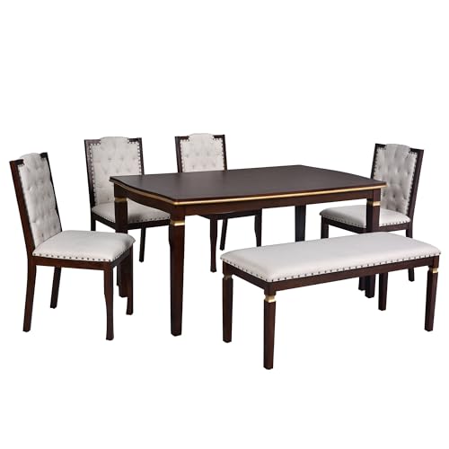 Merax 6-Piece Kitchen Dining Table Set, 60" Rectangular Table with 4 High-Back Tufted Upholstered Chairs & 1 Bench, Rubberwood Legs Modern Elegant Farmhouse for Kitchen Room, Espresso Merax