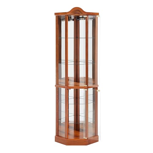 Ball & Cast 72" H Lighted Corner Curio Cabinet with Curved Top Carving,Glass Display Cabinet with 6 Tempered Adjustable Glass Shelves and Doors,Light Bulb Included, Rack for Liquor Storage,Oak Ball & Cast