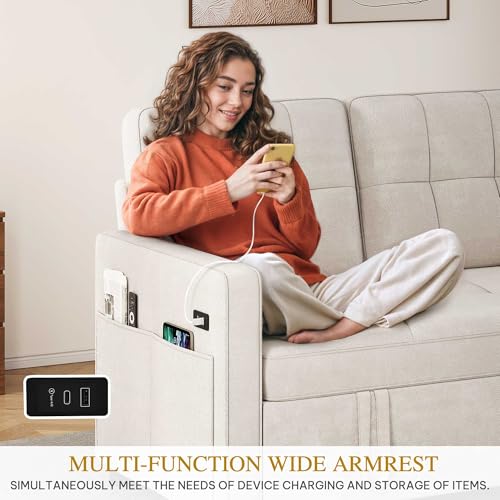 DWVO 3 in 1 Convertible Sleeper Sofa Bed, 55" Pull Out Sofa Bed with Adjustable Backrest and USB, Velvet Futon Couch with Side Pockets for Living Room, Beige DWVO