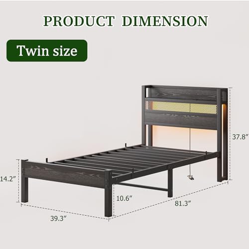 JUISSANO Twin Size Bed Frame with Charging Station and LED Lights,Black Metal Twin Bed Frame with Headboard Storage Shelf,Single Bed Frames with Under Bed Storage,No Box Spring Needed,Easy Assembly JUISSANO