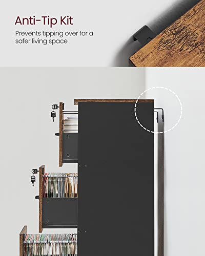 VASAGLE 3-Drawer Vertical File Cabinet, Filing Cabinet for Home Office, Printer Stand, with 3 Lockable Drawers, Adjustable Hanging Rail, for A4 and Letter-Size Files, Rustic Brown and Black UOFC055B01 VASAGLE