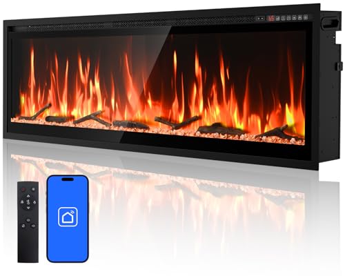 60” Smart Electric Fireplace with Voice Control, Realistic Flame, Crackling Sound, Wall Mounted or Recessed Fireplace Insert, App/Remote Control, Logs & Crystals Included for Living Room, Bedroom Rresyet