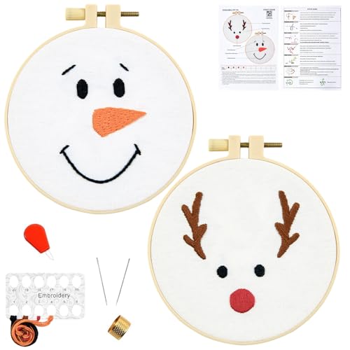 Christmas Embroidery Kits for Beginners Adults, Cute Embroidery Christmas Ornament Kits, Xmas Cross Stitch Kits for Beginners Craft Kits for Adults Women, 2 Sets Embroidery Hoops & Video Tutorial