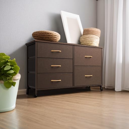 Nicehill Dresser for Bedroom with 5 Drawers, Storage Drawer Organizer, Wide Chest of Drawers for Closet, Clothes, Kids, Baby, TV Stand with Storage Drawers, Wood Board, Fabric Drawers(Brown) Nicehill