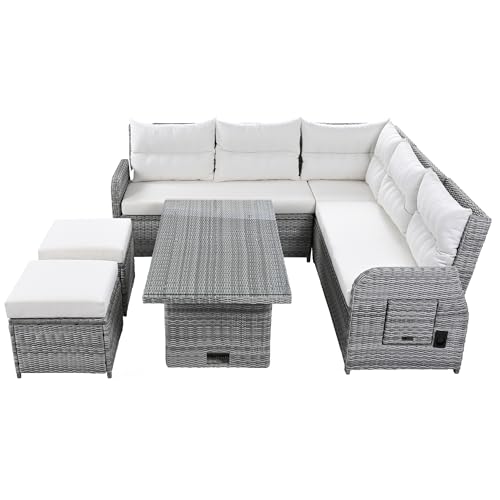 YOPTO 8-Piece Outdoor Furniture Couch Set,Rattan Patio Conversation Sectional Sofa Set with Adjustable Table,Recliners W/Extendable Side Tables & 2 Movable Ottomans,for Patio,Lawn,Backyard,Pool,Beige YOPTO