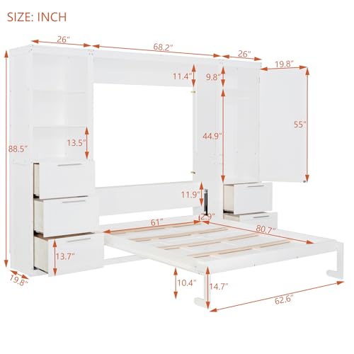 Quarte Modern Queen Size Murphy Bed with Closet, Drawers and Shelves, Cabinet Bed Folding Wall Bed for Guest Room, Office (White@1) Quarte