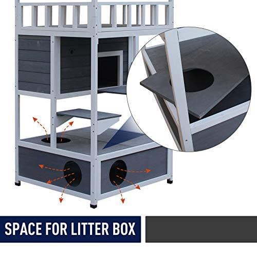 PawHut Wooden Outdoor Cat House, Feral Cat Shelter Kitten Condo with Asphalt Roof, Escape Doors, Condo, Jumping Platform, Grey PawHut