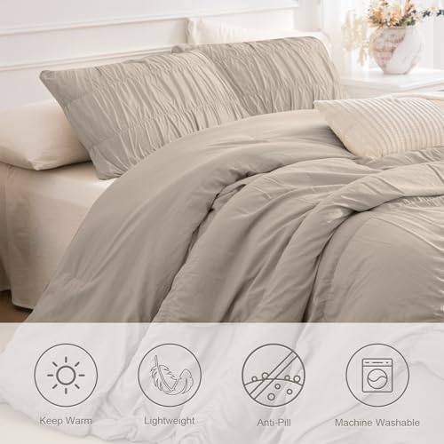 Masaca Oversized King Comforter 128x120,Linen Like Textured Ruched Shabby Boho Chic Bedding Comforter Set,3Pcs Extra Large King Size Ruffle Luxury Fluffy Bedroom Comforter Sets Lightweight Masaca