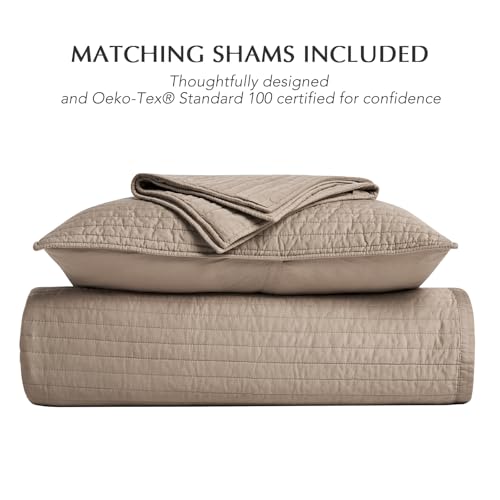 EVERGRACEHOME Cotton Sateen Quilt Set King Size, Pre-Washed Cotton Channel Stitch Coverlet Bedspread, 3 Pieces Lightweight Soft Bedding Sets for All Season, with 2 Pillow Shams, Stone Taupe EVERGRACEHOME