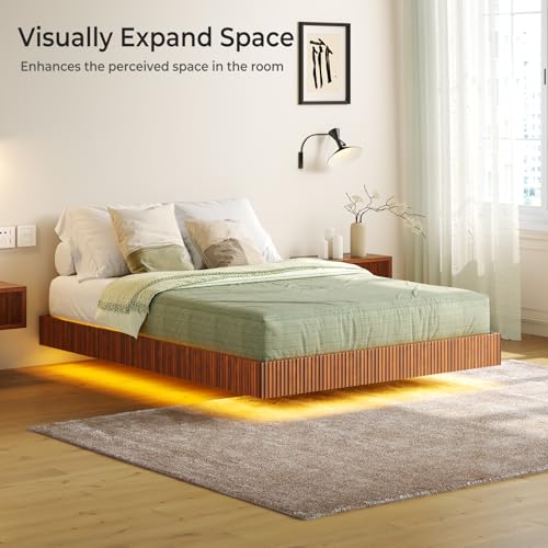 Tatub Walnut Full Floating Bed Frame with LED Lights, Fluted Mid Century Modern Floating Platform Bed with Heavy Duty Metal Slats, No Box Spring Needed Tatub