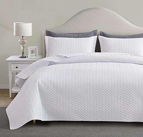 Maple&Stone White Quilt Set Queen Size, Lightweight Bedspread Ultrasonic Chevron Pattern Light Coverlet for All Season Comforter Bedding Decor - 3 Piece Full Bed Cover Sets Maple&Stone