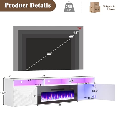 LUXOAK 80 inch Floating TV Stand with 40" Electric Fireplace, Wall Mounted Electric Fireplace Entertainment Center with Storage Space, TV Stand for Living Room for TVs Up to 90", White&Black LUXOAK