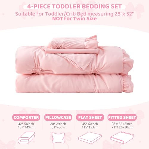 Wowelife Princess Toddler Bedding Set for Girls, Boho Toddler Bed Set, 4 Pieces Ruffles Jacquard Embroidery Toddler Comforter with Comforter, Fitted Sheet, Flat Sheet and Pillowcase, Pink Wowelife
