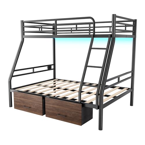 PVWIIK Bunk Bed Twin Over Full with Storage Drawers and LED/Metal Bunk Bed Frame w/Under-Bed Storage for Dormitory,Living Room,Bedroom,Kids,Black PVWIIK