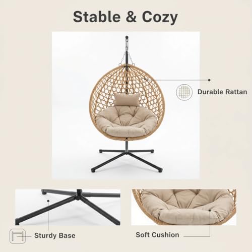 RUN.SE Hanging Egg Chair with Stand, Outdoor Indoor Egg Swing Chair with Cushion Headrest for Patio, Porch, Balcony, Bedroom, 350LBS Capacity (Dark Brown) RUN.SE