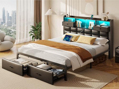 Rolanstar Bed Frame Full Size with Drawers and Charging Station, Upholstered Platform Bed with Storage Headboard and LED Light, Heavy Duty Metal Frame Support, No Box Spring Needed, Noise Free, Black Rolanstar