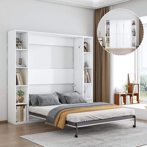 Hosnnile Queen Murphy Bed, 89.7'' Foldable Space-Saving Wall Bed with Storage Cabinet, Solid Hidden Metal Bed Frame with Wooden Bookcase Bookshelf for Bedroom, Guest Room Hosnnile
