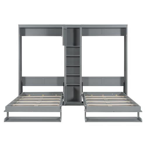 Aiuyesuo Dual Twin Size Wall Murphy Beds with Cabinets and Shelves, Pinewood Murphy Beds Frame with Convertible Shelf-Legs and Central Storage Unit for Guest Room, Bedroom, Home, Office (Gray-JU15) Aiuyesuo
