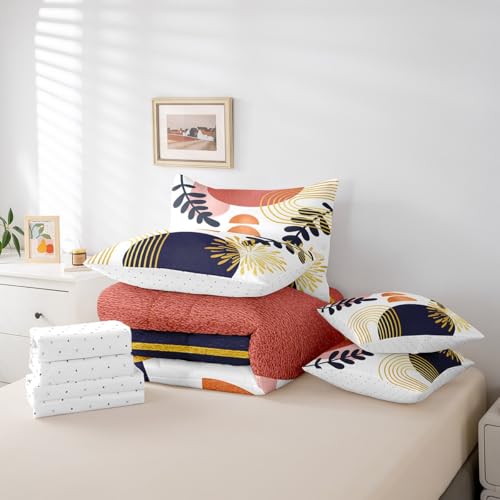 Boho Mid Century 7 Piece Comforter Set Full Bed in a Bag,Abstract Geometric Modern Minimalist Bedding Sets Geometric Line Art Sheet Set with Comforter,Circle Graphic Ombre Stripes Bed Set,Orange Blue Erosebridal