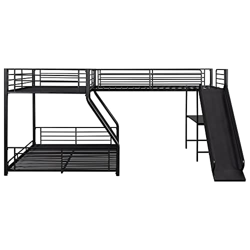 Bellemave Twin Over Full Bunk Bed Frame with Twin Size Loft Beds, Heavy Duty Triple Bunk Bed with Slide, Build in Ladder and Guardrail, L-Shaped Bunk Beds with Desk, Black Bellemave