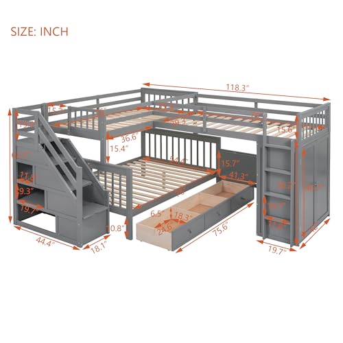 Bellemave L Shaped Triple Bunk Bed with Storage Staircase, Wardrobe, Desk & Drawers, Wooden Bunk Bed for 3 Kids, Twin Over Full Bunk Beds, L-Shaped Loft Bed for Kids, Teens, Adults (Gray) Bellemave