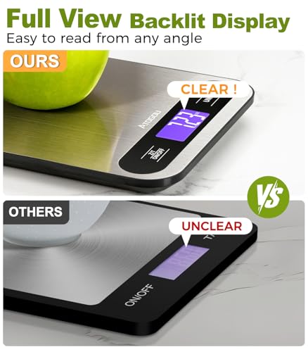 Atogou Food Scale, 33lb/ 15kg Digital Kitchen Scale with Full View LCD Display, Durable Stainless Steel Surface, for Cooking, Baking, Meal Prep Black